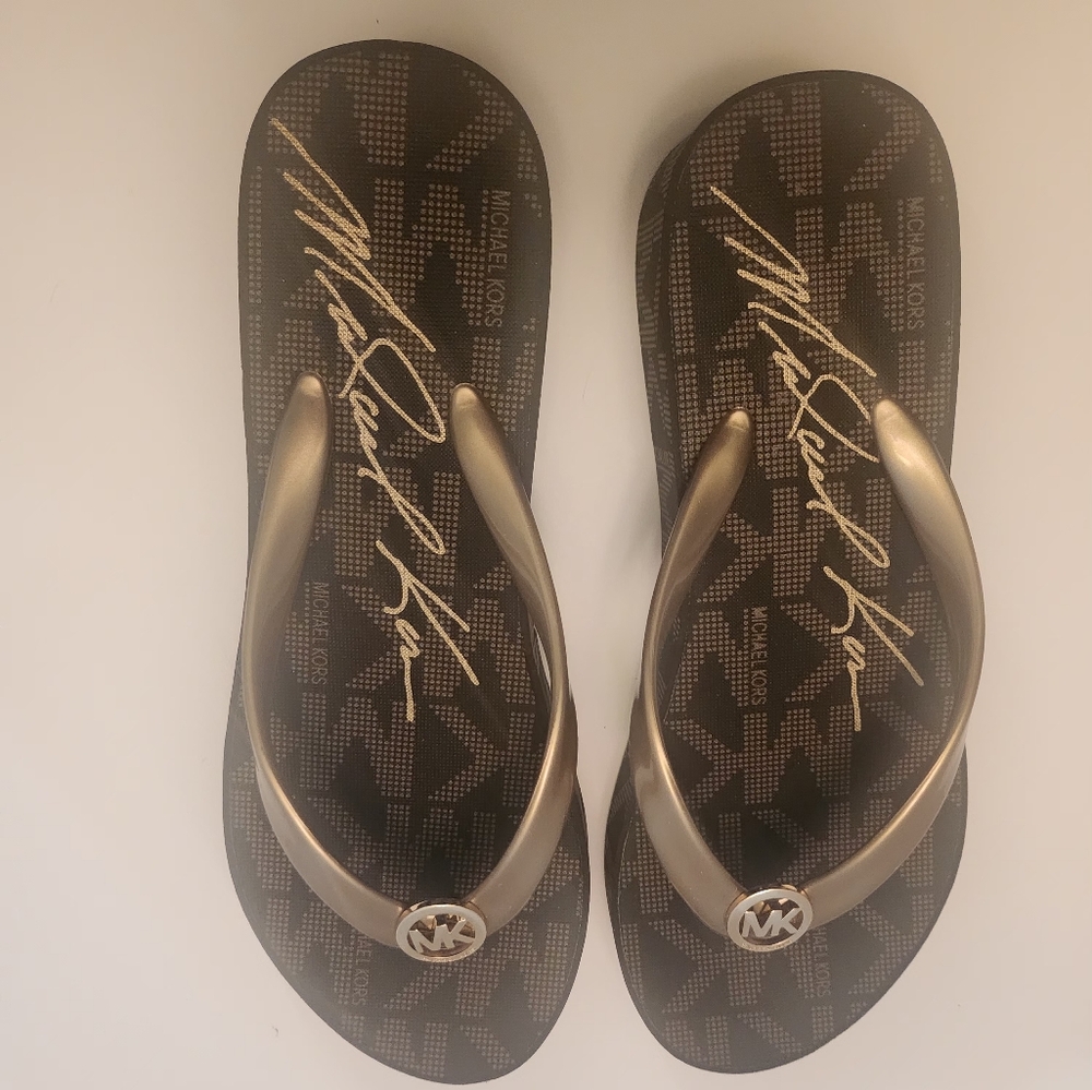 Michael Kors Black and Gold Flip Flops